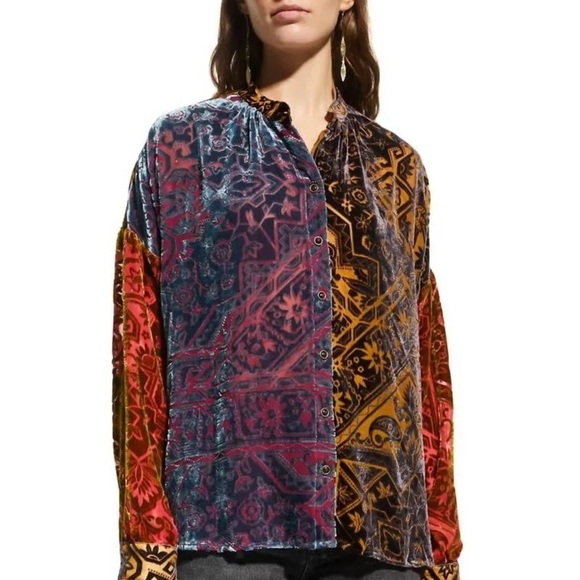 Johnny Was Frida Button Down Shirt in Muted Earth Tones Velvet - Picture 1 of 8